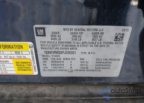 2015 GMC Acadia Slt-1 из США, поврежденный, VIN 1GKKVRKD2FJ296001